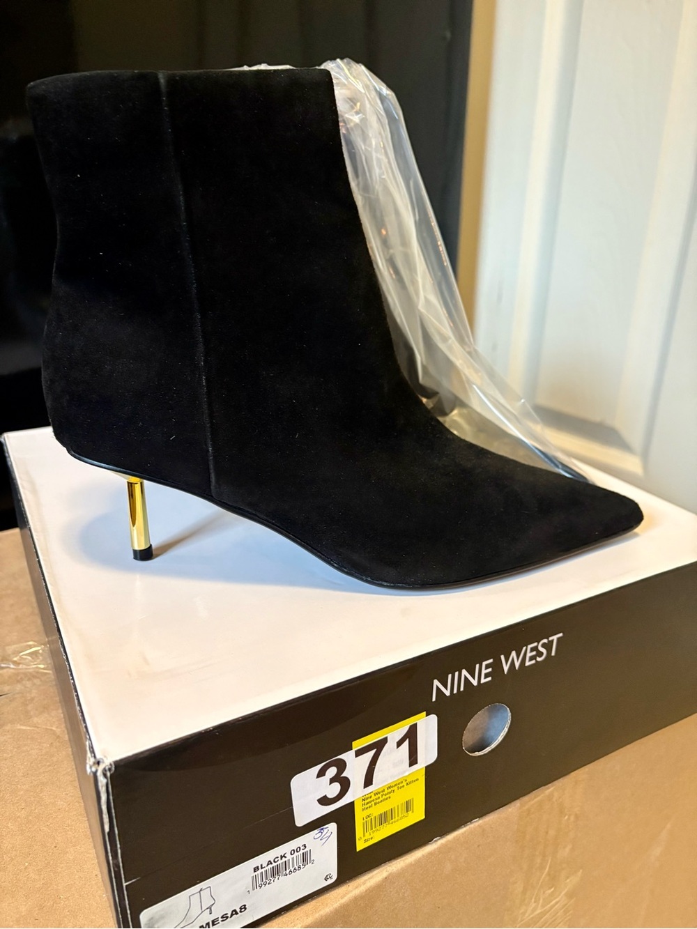Nine West Black Suede Pointed Ankle Boot with Gold Kitten Heel